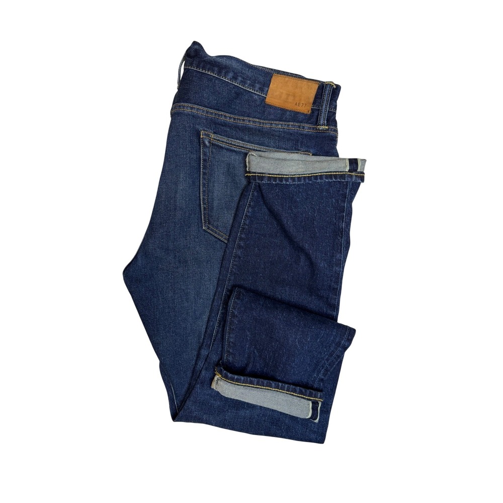 AE77 New York Slim‎ Selvedge Jeans Mens 36x30 Dark Indigo Organic Cotton Button